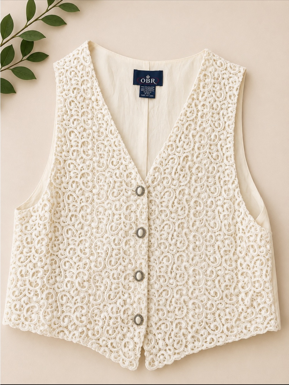 OBR Ivory Lace Embroidered Button Front Vest Women’s Vintage Y2K Boho